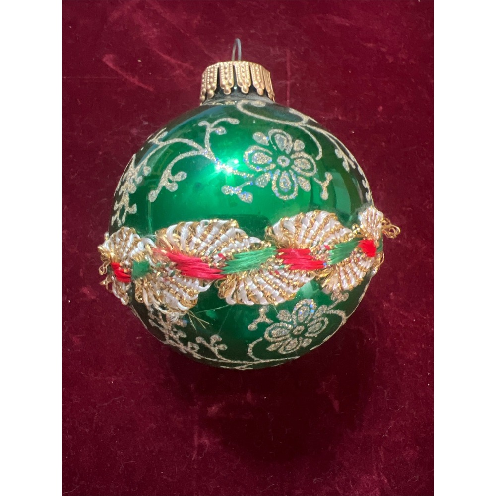 Vintage Green Glass Christmas Ornament Silver Glitter Floral Braided Trim‎ Band